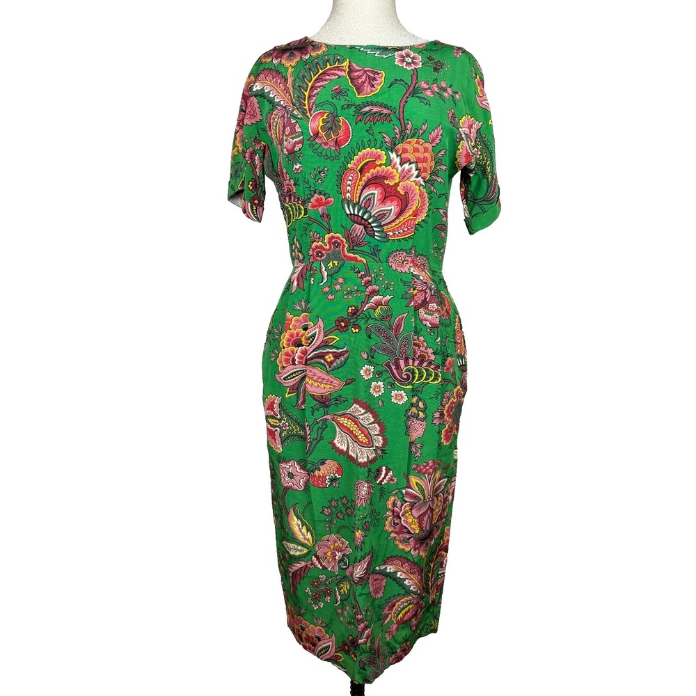 ASOS Midi Dress Womens 8 Green Floral Paisley Short Sleeve Sheath Preppy NWT